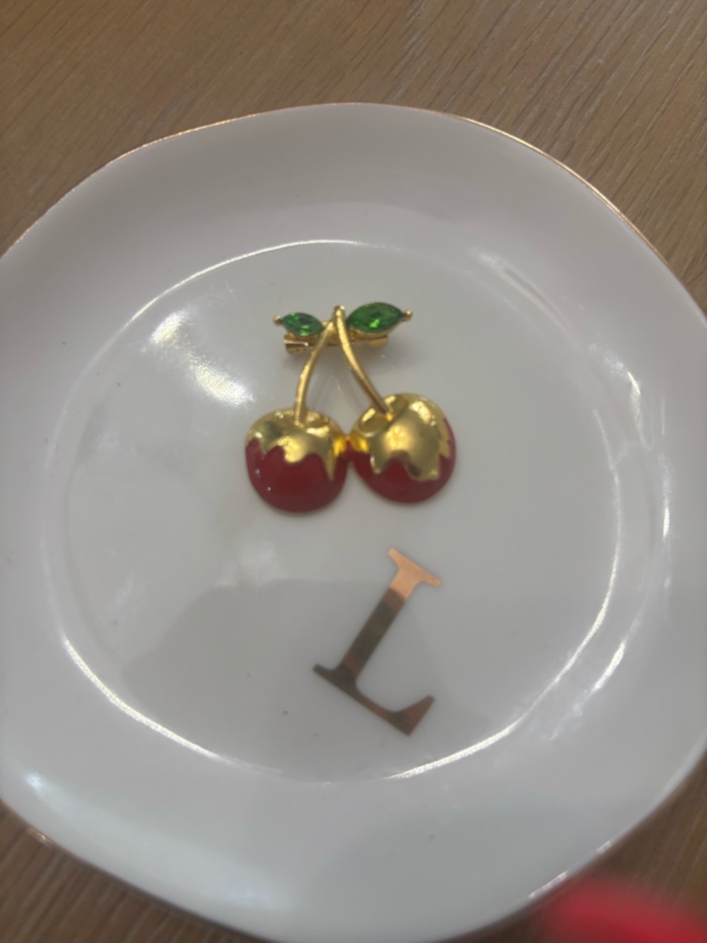 Gold-Tone Cherry Pin with Red Enamel and Green Leaves